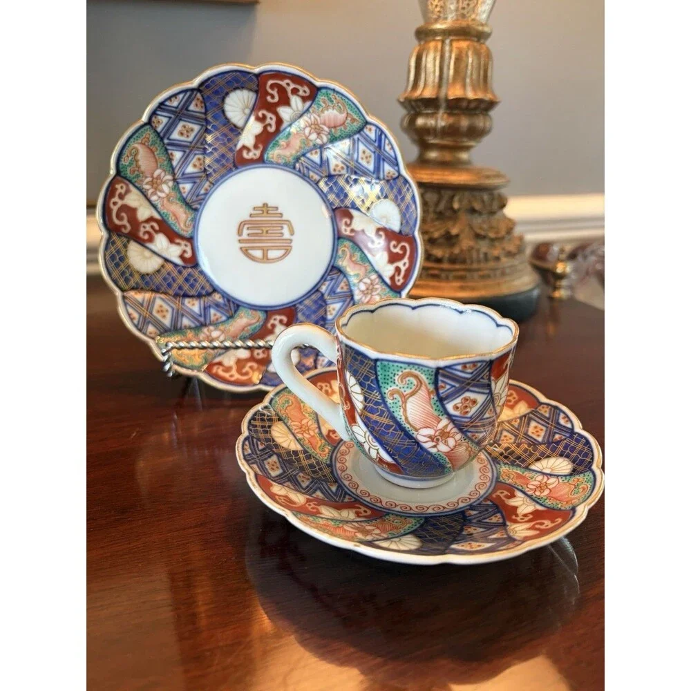 Antique Imari Demitasse Cup Saucer Plate Lot Scalloped Edge Signed
